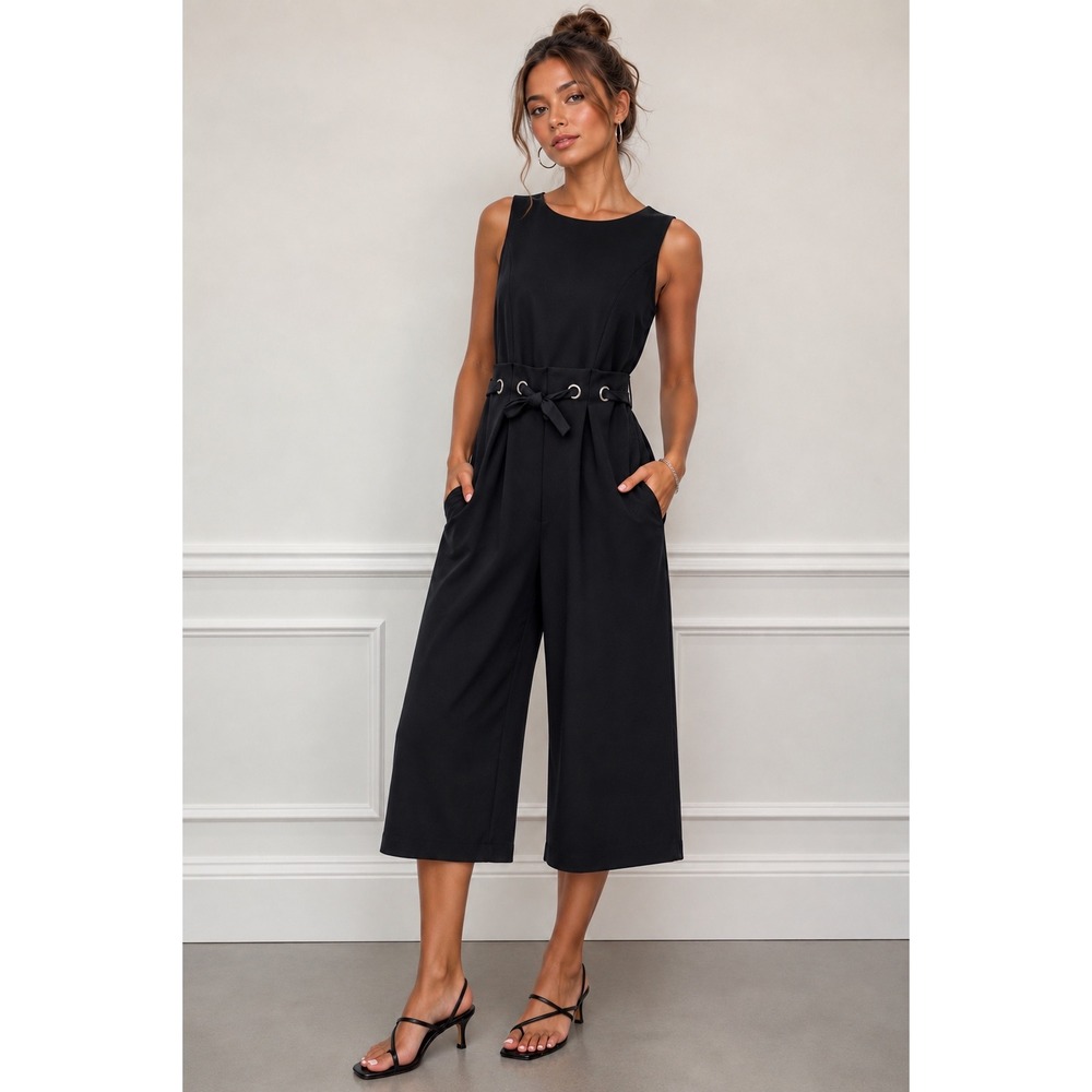 Spense Womens Large Black Sleeveless Grommet Tie Waist Wide Leg Cropped Jumpsuit